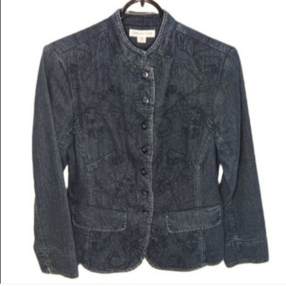 Coldwater Creek Dark Blue Denim Button-Down Shirt Jacket | EUC | Embroidered